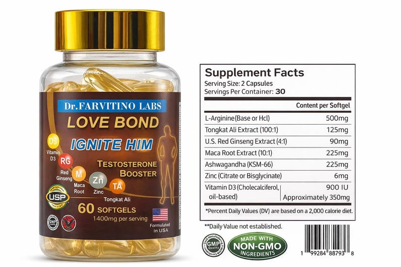 May include: A clear bottle of "Love Bond Ignite Him" testosterone booster softgels. The label includes supplement facts, ingredients, and the text "Made in USA". The bottle has a gold cap and contains 60 softgels.