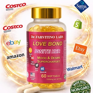 Puede incluir: Una botella transparente de c&aacute;psulas blandas "LOVE BOND" con una etiqueta rosa, con el texto "IGNITE HER" y "MOOD & DESIRE SUPERCHARGED". Contiene 60 c&aacute;psulas blandas, 1000mg por porci&oacute;n. Se ven los logos de Costco, Sam's Club, eBay, Amazon, Etsy y Walmart.
