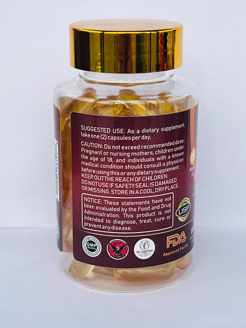 May include: A clear bottle with a gold cap filled with yellow capsules. The label includes text about suggested use, warnings, and FDA approval. The bottle is for a dietary supplement.