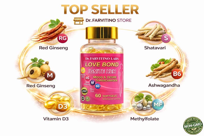 Puede incluir: Un frasco de c&aacute;psulas blandas "Love Bond Ignite Her", rodeado de ilustraciones de ingredientes herbales como el ginseng rojo, el shatavari y la ashwagandha. La etiqueta destaca los beneficios de "Mood & Desire Supercharger".