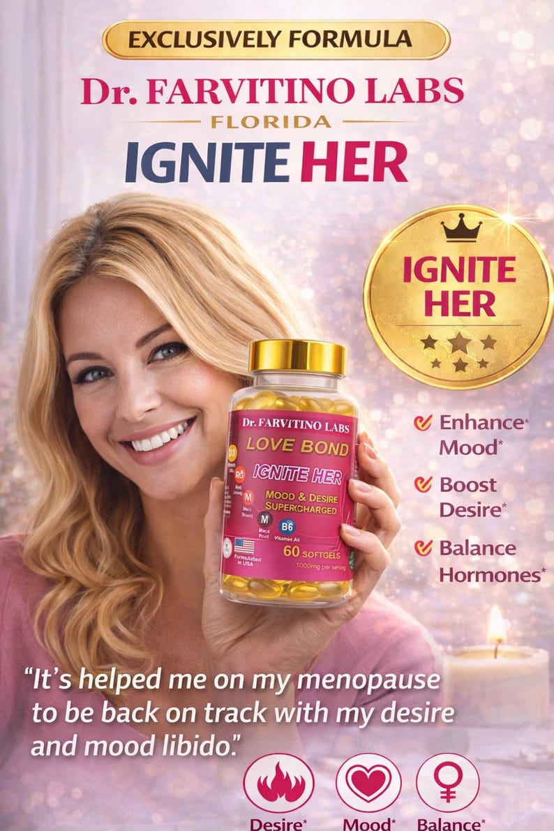 Puede incluir: Una mujer sonr&iacute;e mientras sostiene un frasco de c&aacute;psulas blandas Dr. Farvitino Labs Love Bond Ignite Her. El frasco est&aacute; etiquetado con "Mood & Desire Supercharged" y "60 Softgels". La imagen incluye texto que dice "Enhance Mood", "Boost Desire" y "Balance Hormones".