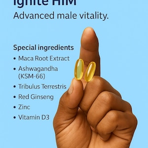 Op de afbeelding: Afbeelding van twee gele capsules tussen vingers, tegen een lichtblauwe achtergrond. Tekst luidt "Love Bond Ignite HIM" en "Advanced male vitality." Ingredi&euml;nten zijn onder meer Maca Root Extract, Ashwagandha, Tribulus Terrestris, Rode Ginseng, Zink en Vitamine D3.