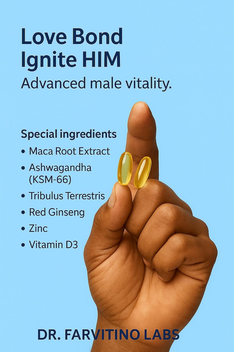 Op de afbeelding: Afbeelding van twee gele capsules tussen vingers, tegen een lichtblauwe achtergrond. Tekst luidt "Love Bond Ignite HIM" en "Advanced male vitality." Ingredi&euml;nten zijn onder meer Maca Root Extract, Ashwagandha, Tribulus Terrestris, Rode Ginseng, Zink en Vitamine D3.
