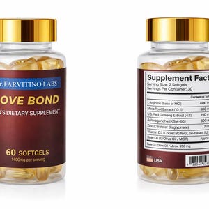 May include: Two supplement bottles with gold lids. One label reads "LOVE BOND MEN'S DIETARY SUPPLEMENT" with 60 softgels. The other bottle shows supplement facts, including ingredients like L-Arginine and Zinc. Made in the USA.