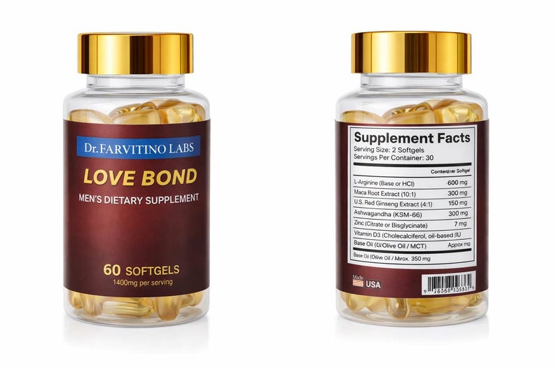 May include: Two supplement bottles with gold lids. One label reads "LOVE BOND MEN'S DIETARY SUPPLEMENT" with 60 softgels. The other bottle shows supplement facts, including ingredients like L-Arginine and Zinc. Made in the USA.