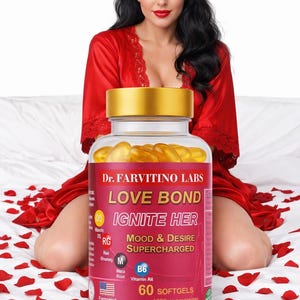 Puede incluir: Una botella de c&aacute;psulas blandas "LOVE BOND IGNITE HER" de Dr. Farvitino Labs. La botella es rosa y dorada, con una etiqueta que incluye el texto "Mood & Desire Supercharged". La botella contiene 60 c&aacute;psulas blandas, 100,0 mg por porci&oacute;n.