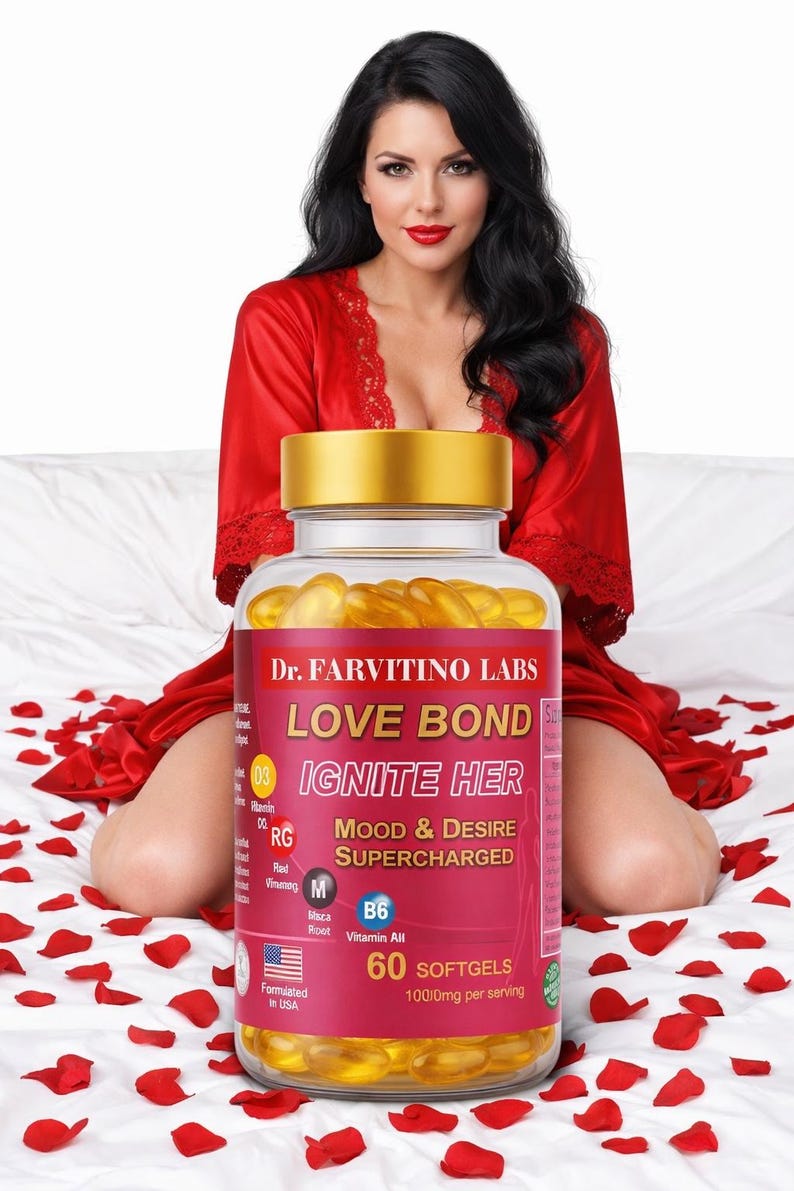 Puede incluir: Una botella de c&aacute;psulas blandas "LOVE BOND IGNITE HER" de Dr. Farvitino Labs. La botella es rosa y dorada, con una etiqueta que incluye el texto "Mood & Desire Supercharged". La botella contiene 60 c&aacute;psulas blandas, 100,0 mg por porci&oacute;n.