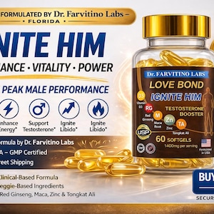 Op de afbeelding: Een flesje Ignite Him testosteron booster softgels. Het etiket bevat de tekst "Love Bond" en "Unleash Peak Male Performance". De fles bevat 60 softgels, met ingredi&euml;nten als Rode Ginseng en Zink.