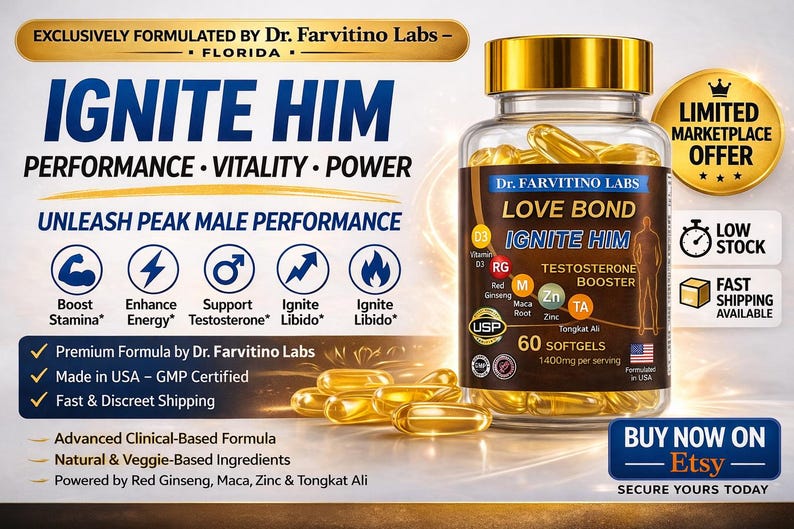 Op de afbeelding: Een flesje Ignite Him testosteron booster softgels. Het etiket bevat de tekst "Love Bond" en "Unleash Peak Male Performance". De fles bevat 60 softgels, met ingredi&euml;nten als Rode Ginseng en Zink.