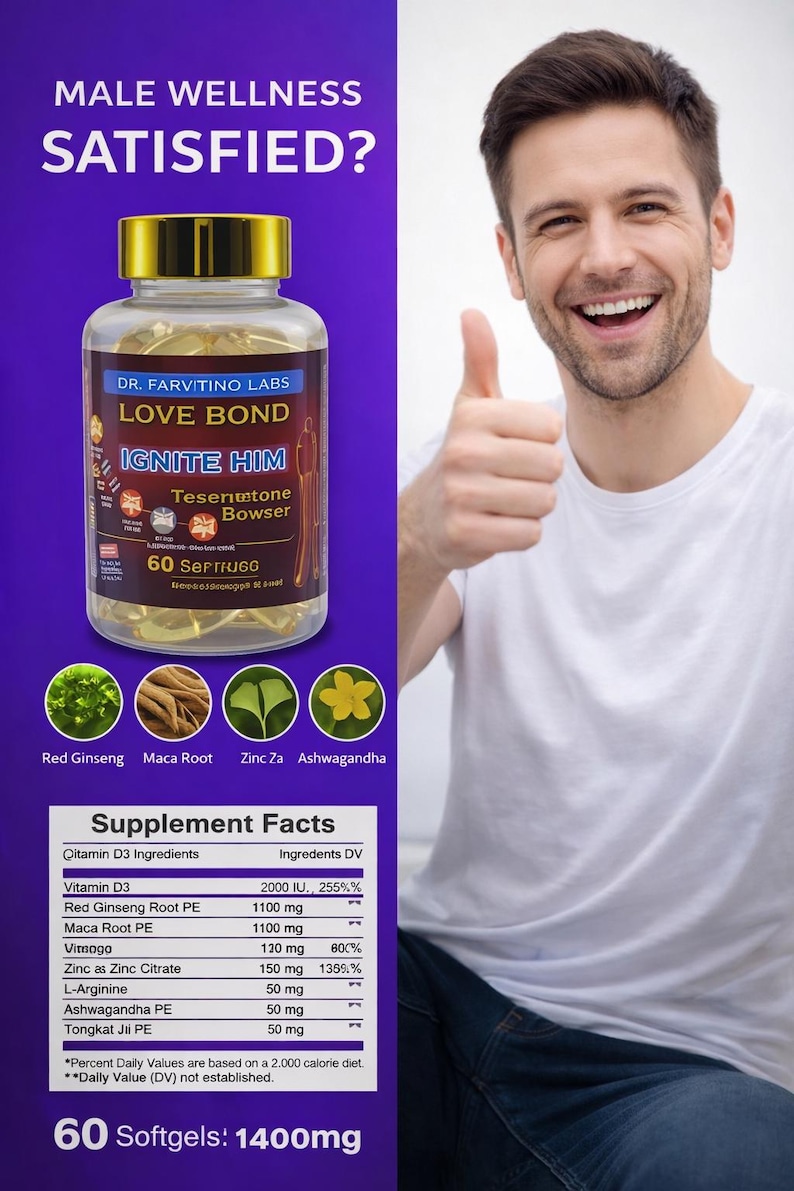 May include: A supplement bottle with a gold lid and a label that reads "LOVE BOND IGNITE HIM". The label lists ingredients such as Red Ginseng, Maca Root, and Ashwagandha. The image includes a smiling man giving a thumbs up.