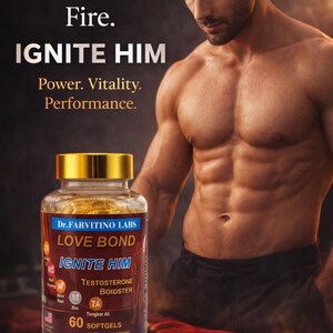 May include: An advertisement showing a bottle of "LOVE BOND IGNITE HIM" testosterone booster. The bottle is in front of a muscular man. The bottle has text including "60 softgels" and "1400mg per serving". The background has the text "Fuel His Fire. IGNITE HIM".
