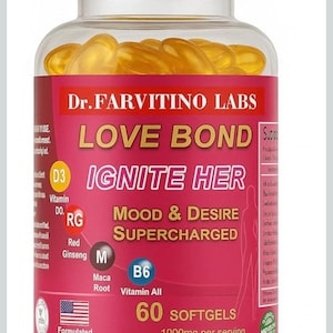 Puede incluir: Una botella de vidrio transparente con tapa dorada llena de c&aacute;psulas blandas amarillas. La etiqueta rosa dice "Dr. Farvitino Labs LOVE BOND IGNITE HER" e incluye informaci&oacute;n sobre los ingredientes. La botella contiene 60 c&aacute;psulas blandas, 1000 mg por porci&oacute;n.