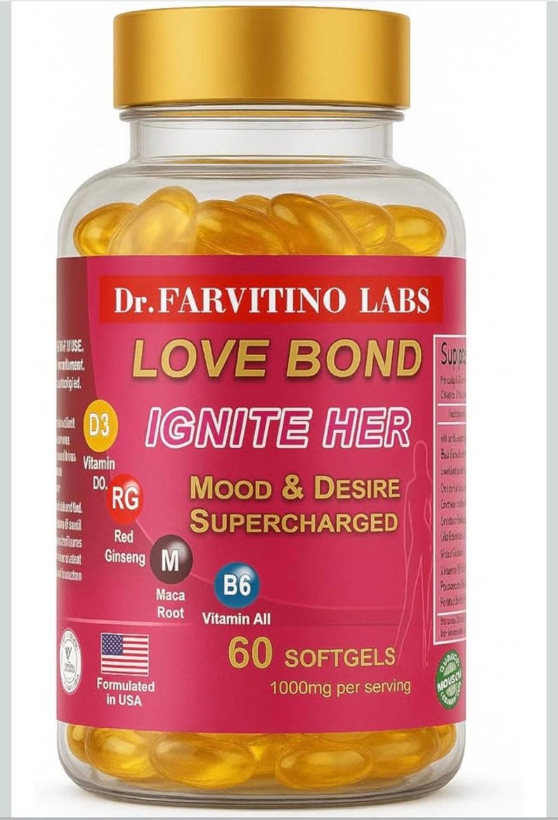 Puede incluir: Una botella de vidrio transparente con tapa dorada llena de c&aacute;psulas blandas amarillas. La etiqueta rosa dice "Dr. Farvitino Labs LOVE BOND IGNITE HER" e incluye informaci&oacute;n sobre los ingredientes. La botella contiene 60 c&aacute;psulas blandas, 1000 mg por porci&oacute;n.