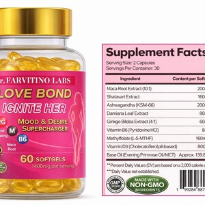 Puede incluir: Una botella transparente de c&aacute;psulas blandas "Dr. Farvitino Labs Love Bond Ignite Her". La etiqueta rosa y dorada indica "Mood & Desire Supercharger". Los ingredientes incluyen Maca Root y Ashwagandha. Contiene 60 c&aacute;psulas blandas.