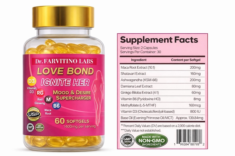 Puede incluir: Una botella transparente de c&aacute;psulas blandas "Dr. Farvitino Labs Love Bond Ignite Her". La etiqueta rosa y dorada indica "Mood & Desire Supercharger". Los ingredientes incluyen Maca Root y Ashwagandha. Contiene 60 c&aacute;psulas blandas.