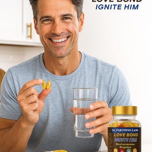 Op de afbeelding: Een man houdt een glas water en een gele softgel vast, met een flesje Dr. Farvitino Labs Love Bond Ignite Him supplementen. Op tafel staat een bord avocado toast met een gebakken ei. De fles bevat 60 softgels.
