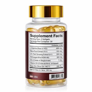 Op de afbeelding: Een heldere supplementfles met een gouden dop, gevuld met gele softgels. Het etiket toont "Supplement Facts" en vermeldt ingredi&euml;nten zoals L-Arginine, Maca Root Extract en Zink. Gemaakt in de VS.