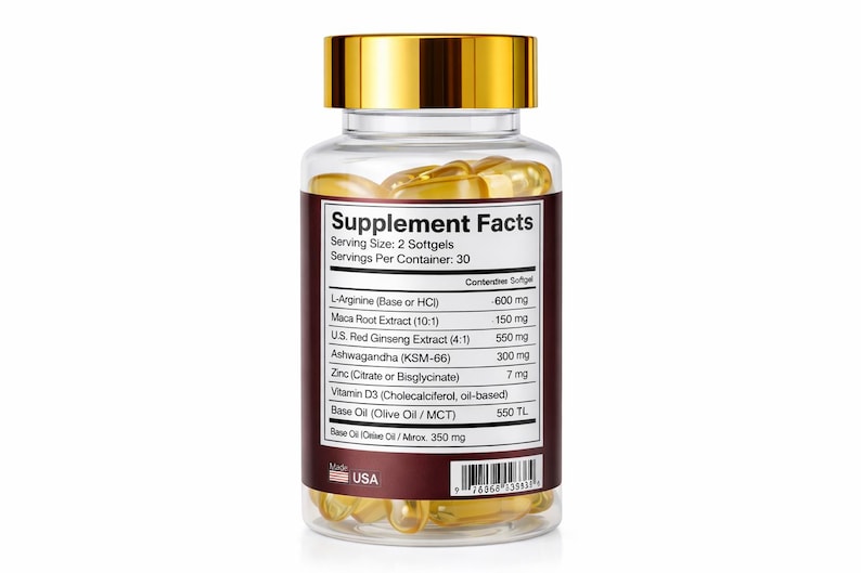 Op de afbeelding: Een heldere supplementfles met een gouden dop, gevuld met gele softgels. Het etiket toont "Supplement Facts" en vermeldt ingredi&euml;nten zoals L-Arginine, Maca Root Extract en Zink. Gemaakt in de VS.