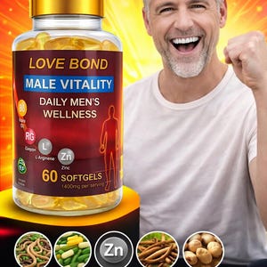 May include: A bottle of Love Bond Male Vitality softgels with a gold cap, containing 60 capsules. The label includes text about daily men's wellness and ingredients like L-Arginine and Zinc. The image also shows a man smiling and the text "For Male Vitality & Daily Men's Wellness Support."