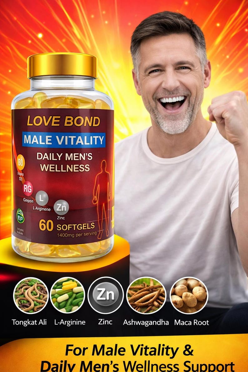May include: A bottle of Love Bond Male Vitality softgels with a gold cap, containing 60 capsules. The label includes text about daily men's wellness and ingredients like L-Arginine and Zinc. The image also shows a man smiling and the text "For Male Vitality & Daily Men's Wellness Support."