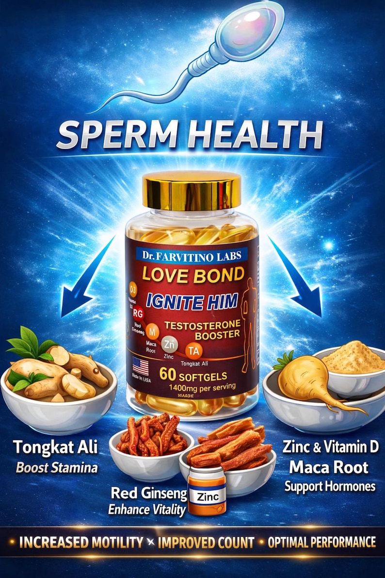 May include: An advertisement for a supplement bottle labelled "LOVE BOND IGNITE HIM" with the text "Testosterone Booster". The image includes bowls of herbs and the words "Sperm Health".