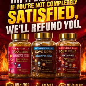 May include: An advertisement for Dr. Farvitino Labs Love Bond supplements. The image features three bottles with gold lids, each labeled with different formulas: Ignite Her, Ignite Him, and Max Drive. The text emphasizes a risk-free guarantee.