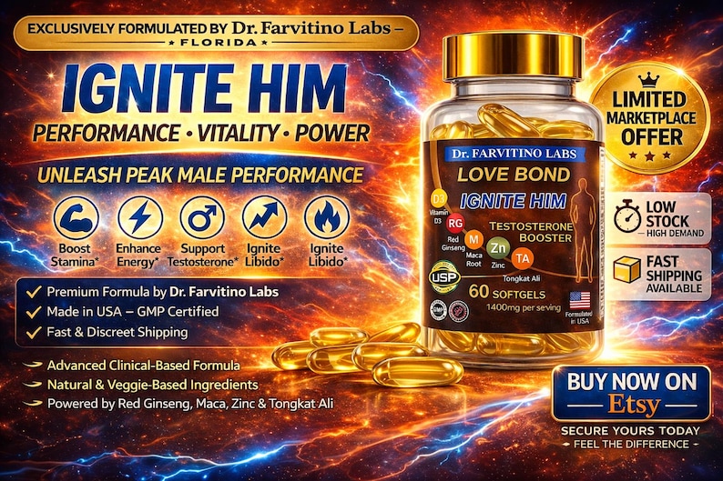 Op de afbeelding: Advertentie voor "IGNITE HIM" testosteronbooster. De afbeelding toont een fles met 60 softgels, met tekst die prestaties, vitaliteit en kracht benadrukt. Er is ook informatie over ingredi&euml;nten en voordelen.
