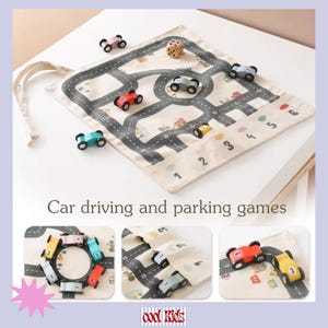 May include: A beige fabric play mat with a road design and numbered parking spaces. Includes small wooden toy cars in various colors and a wooden die. The text "Car driving and parking games" is printed on the mat.