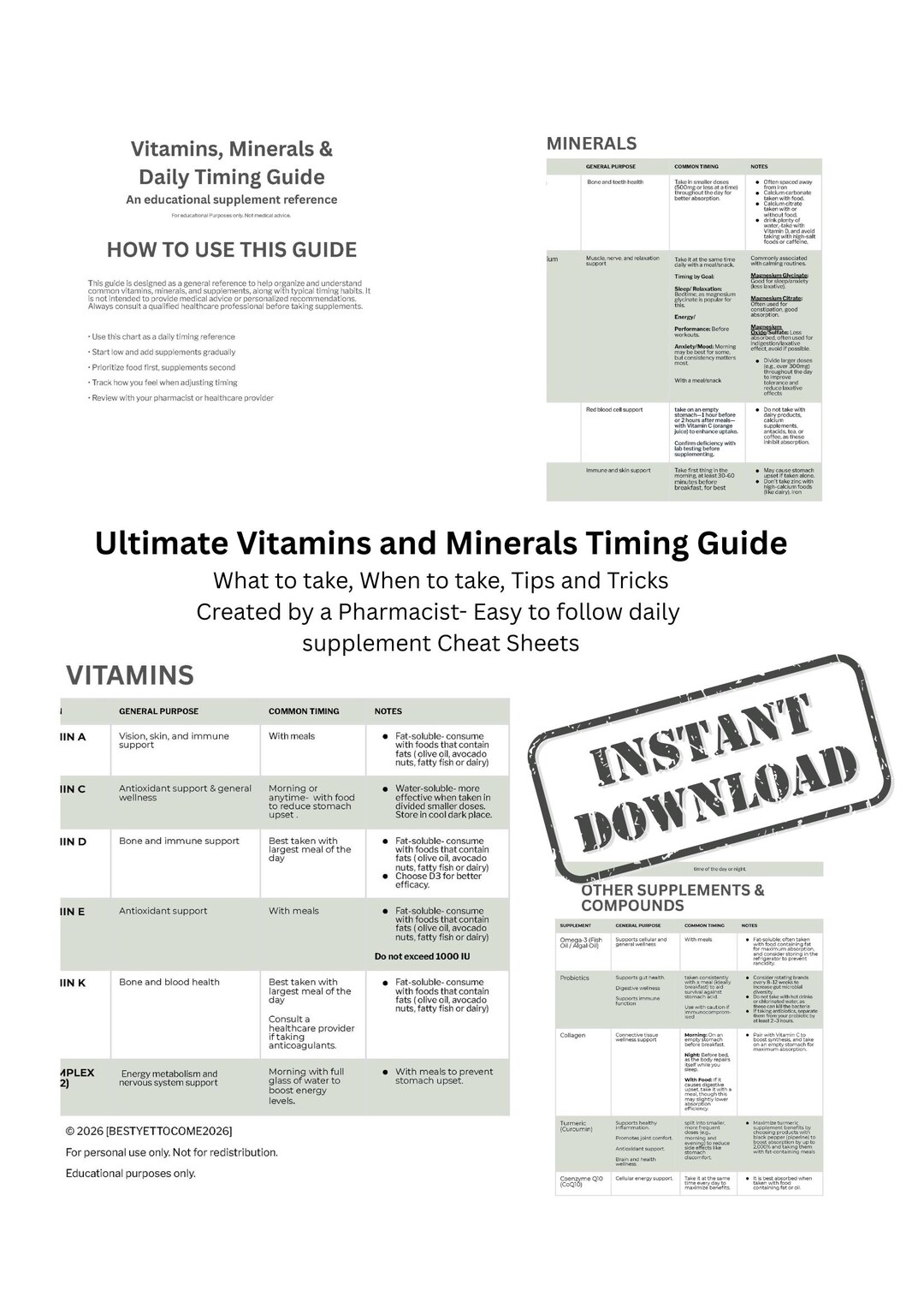 Chart Supplement Guide Vitamins &minerals Guide/top 25 Supplements/supplement Timing Chart ...