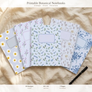 Pode incluir: Cinco cadernos com desenhos florais, incluindo margaridas, lavanda e outros padrões botânicos. Cada caderno tem um fundo azul claro e uma etiqueta em branco. O texto no topo diz "Printable Botanical Notebooks".