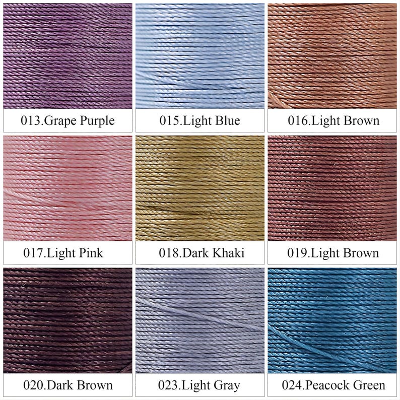 May include: A collection of nine spools of waxed thread in various colors, including Grape Purple, Light Blue, Light Brown, Light Pink, Dark Khaki, Light Brown, Dark Brown, Light Gray, and Peacock Green. Each spool is labeled with a number and color name.