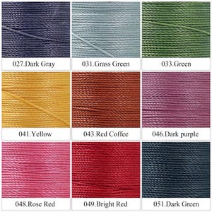 May include: Nine spools of waxed thread in various colors. Colors include dark gray, grass green, green, yellow, red coffee, dark purple, rose red, bright red, and dark green. Each spool is labeled with a number and color name.