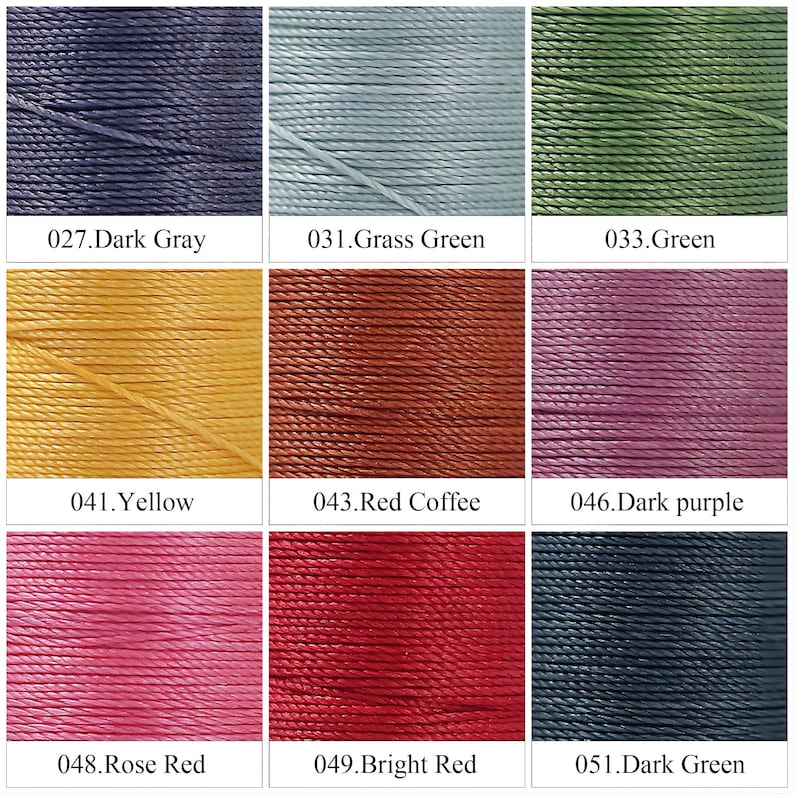 May include: Nine spools of waxed thread in various colors. Colors include dark gray, grass green, green, yellow, red coffee, dark purple, rose red, bright red, and dark green. Each spool is labeled with a number and color name.