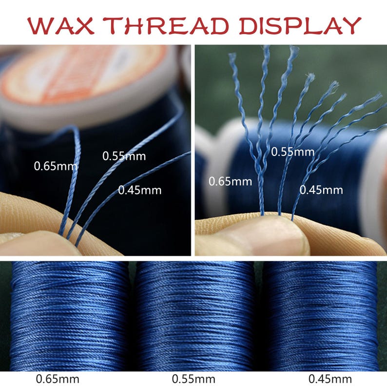 May include: Image showing a display of blue wax thread in three different thicknesses: 0.65mm, 0.55mm, and 0.45mm. The text "WAX THREAD DISPLAY" is at the top. The thread is shown both as individual strands and wound on spools.