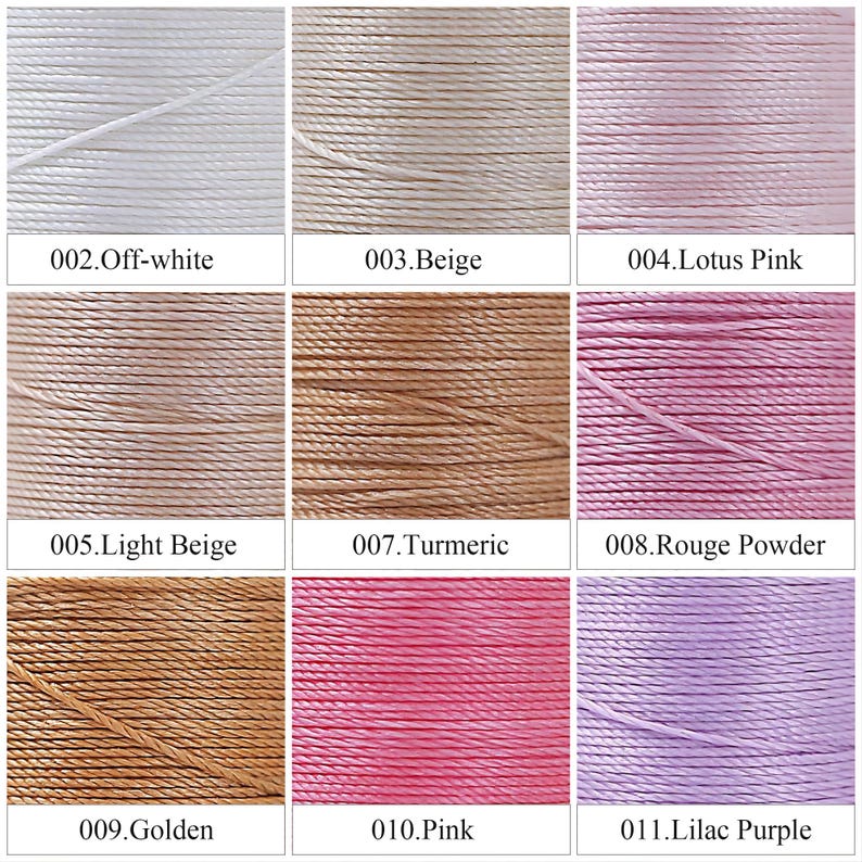 May include: Nine color swatches of thread, each with a different color and number. Colors include off-white, beige, lotus pink, light beige, turmeric, rouge powder, golden, pink, and lilac purple. Each swatch has a corresponding number.