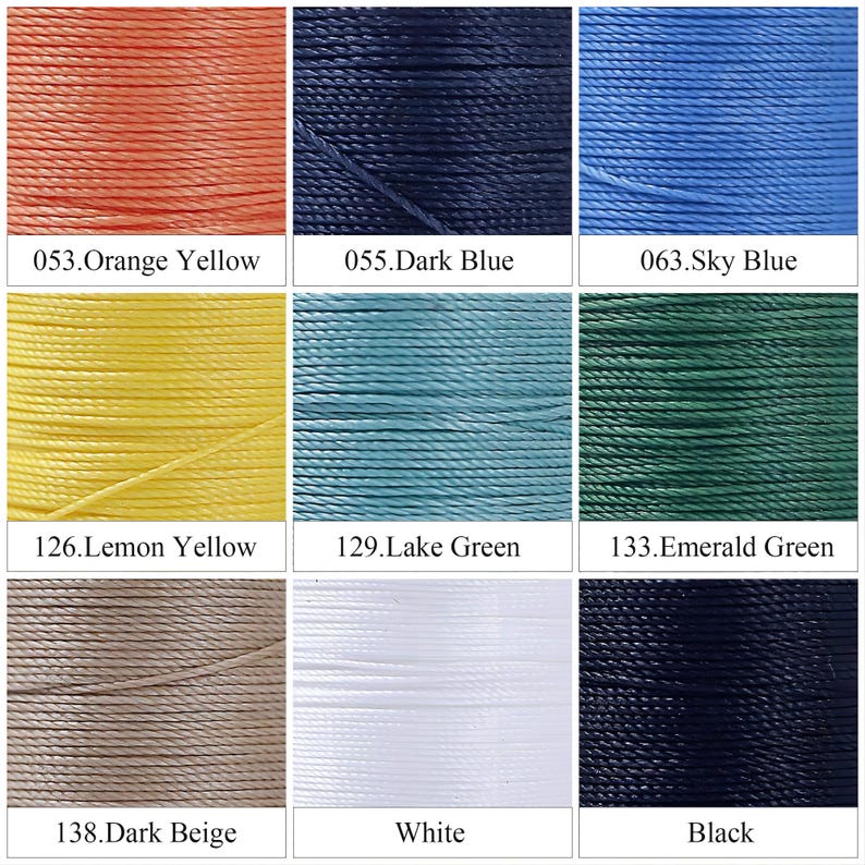 May include: A collection of colorful threads, including orange yellow, dark blue, sky blue, lemon yellow, lake green, emerald green, dark beige, white, and black. Each color is labeled with a number.