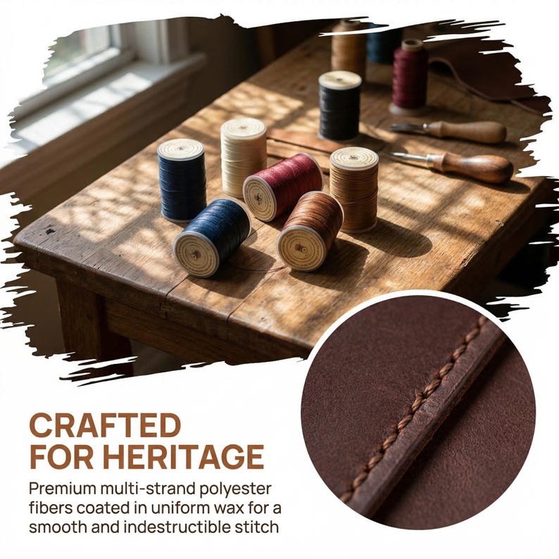 May include: A wooden table displays spools of thread in various colors, including blue, red, and brown. A close-up shows brown leather with a stitched seam. The text reads "CRAFTED FOR HERITAGE".