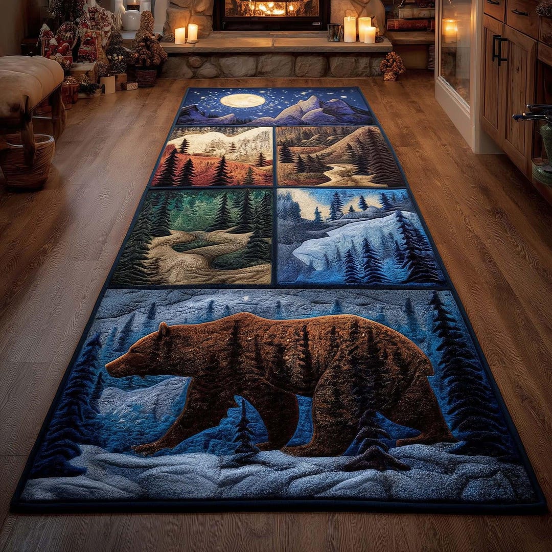 Bear Forest Runner Rug, Cabin Lodge Hallway Rug, Rustic Mountain Night ...