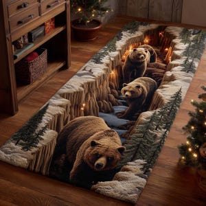 3D Brown Bear Canyon Runner Rug | Rustic Forest Illusion Hallway Rug | Cabin Winter Wildlife Carpet | Cozy Christmas Entryway Runner