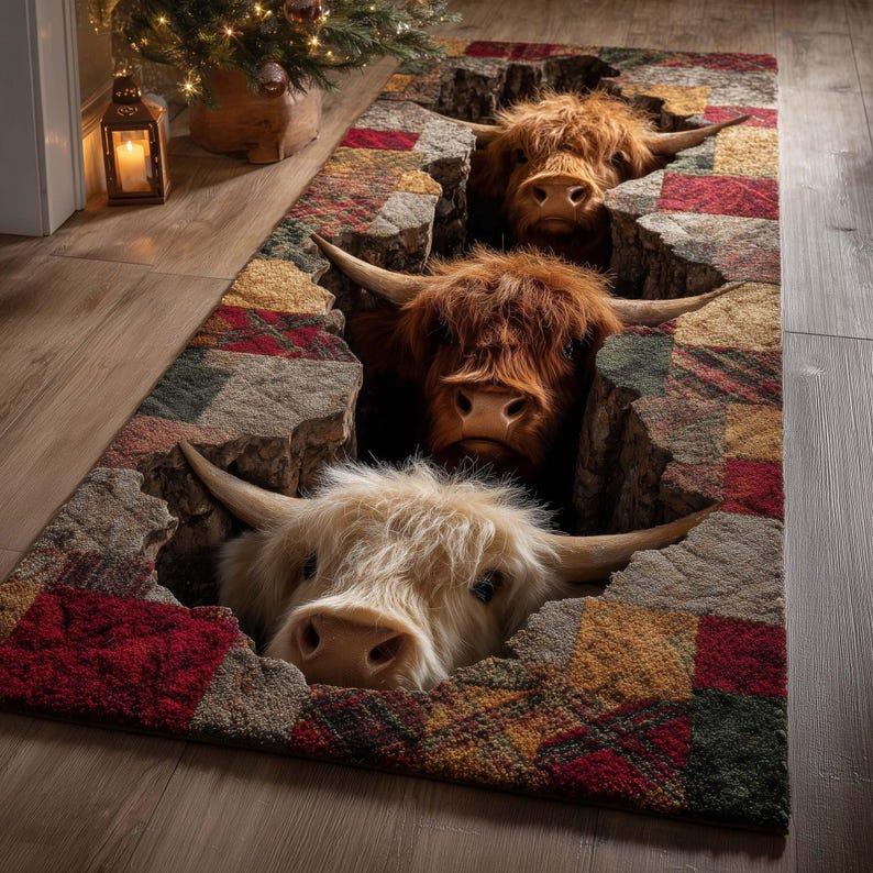 Cow Rug Design Highland Cow 3D Illusion Runner Rug, Funny Farm Animal Hallway Rug ...