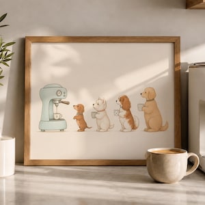 Pode incluir: Uma impressão de arte emoldurada apresentando uma máquina de café expresso azul-claro e quatro cães em fila. Os cães, incluindo um dachshund, um terrier branco, um spaniel e um golden retriever, seguram cada um uma pequena chávena branca.