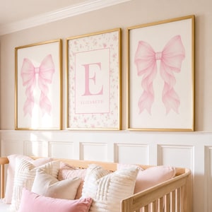 Pink Bow Nursery Wall Art, Coquette Girl Room Decor, Personalized Name & Initial Print