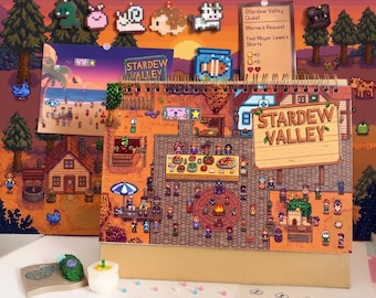 Aangepaste bureaukalender in Stardew Valley-stijl, boerderijgrootboekplanner, tracker voor vaardigheden en gewassen, gamegids retro landbouw, gamercadeau