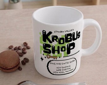Custom Stardew Valley Style Krobus Shop Mug, Rare Exotic Goods Icon, Retro Farming Game Coffee Cup, Pixel Art Gamer Gift