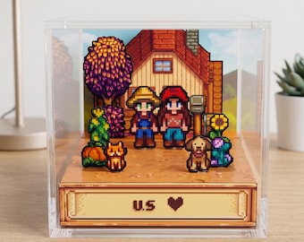 Custom Stardew Valley Style 3D Printed Diorama Cube, Personalized Pixel Farm Wedding Scene, Junimo Pet Figure, Anniversary Gift Decor