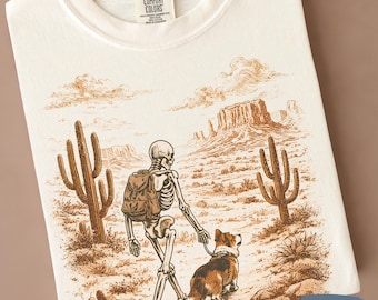 Comfort Colors Skeleton Dog Hiking Shirt | Gift for Hiker | Corgi Lover Tee