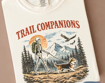 Comfort Colors Vintage Skeleton Dog Hiking Shirt | Gift for Hiker | Corgi Lover Tee