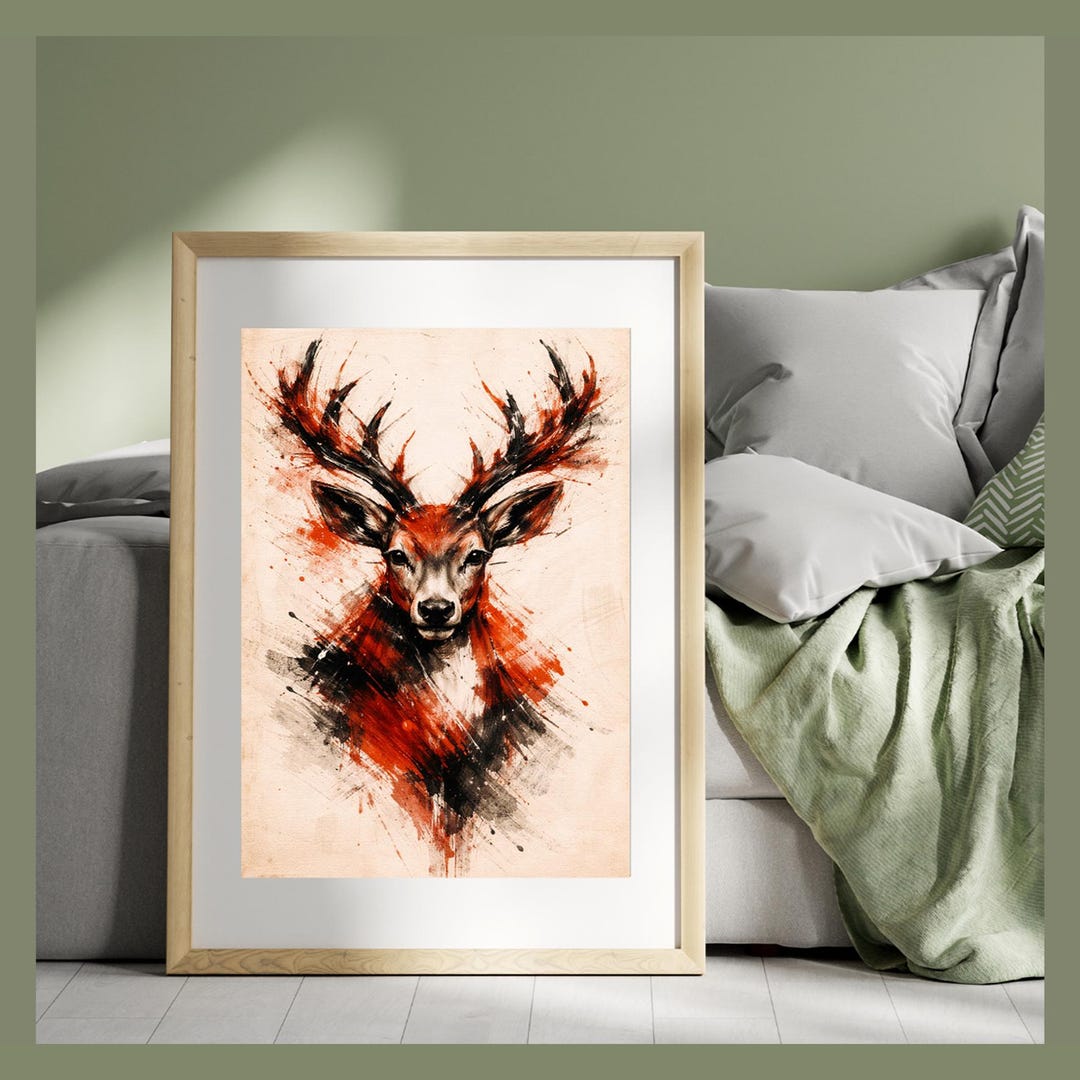 Abstract Deer Wall Art, Red Black Stag Painting, Modern Animal Print ...