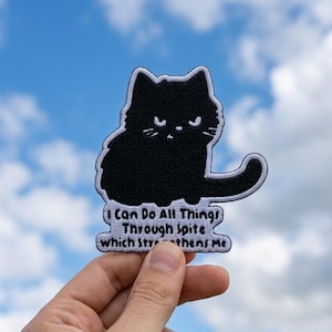 以下が含まれることがあります： 白い縁取りと「I Can Do All Things Through Spite Which Strengthens Me」の文字が入った黒猫のパッチ。猫は怒った表情をしています。パッチは雲のある青い空に掲げられています。