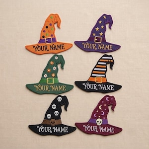 Écusson brodé personnalisé chapeau de sorcière, badge d'Halloween effrayant avec nom personnalisé (à repasser)